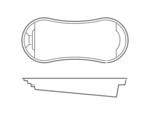 Top and side views of a rounded rectangular object with a stepped base.