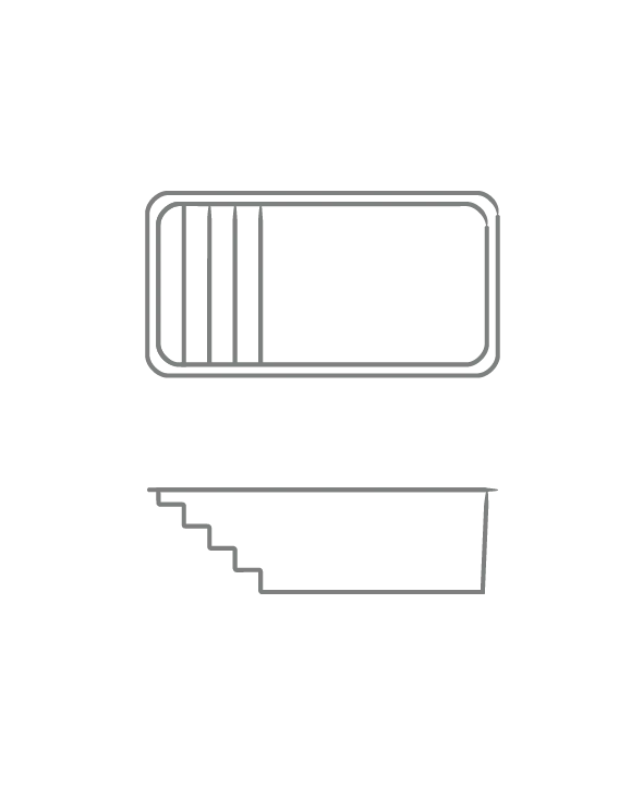 Simple line drawing of a rectangular stair-step icon with horizontal inset lines and a side profile below.