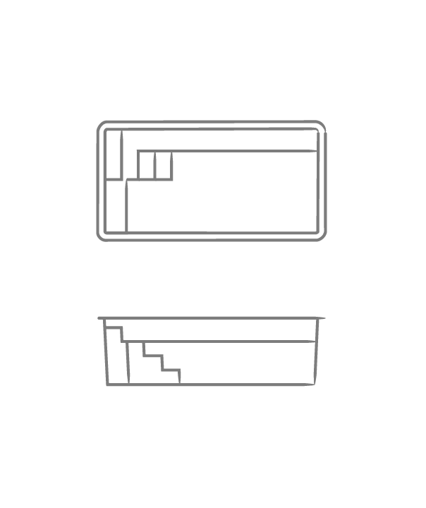 Simple line drawing of a rectangular box with stepped cutaway details, shown in front and side views