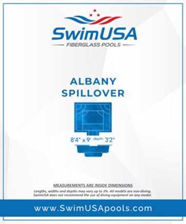 SwimUSA Fiberglass Pools ad for Albany Spillover pool, with blue pool diagram and website URL