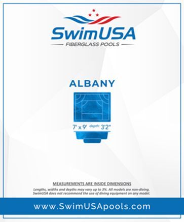 SwimUSA Albany fiberglass pool brochure with blue pool illustration and dimensions text
