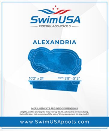 SwimUSA fiberglass pool ad for Alexandria, blue pool illustration with dimensions 102' x 24' and depth 3'8