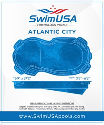 SwimUSA Fiberglass Pools Atlantic City blue pool diagram with dimensions and website