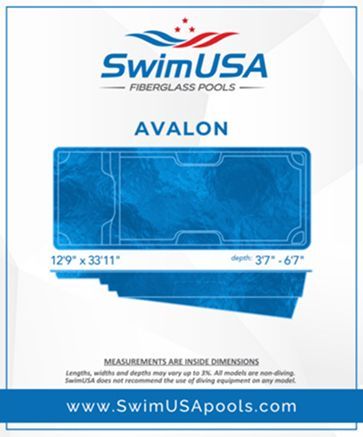 SwimUSA Avalon fiberglass pool brochure with blue pool illustration and dimensions on a white background