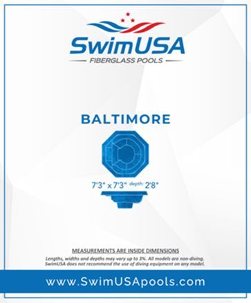 SwimUSA Fiberglass Pools brochure for Baltimore, showing a blue pool shape and 73' x 73' x 28' dimensions