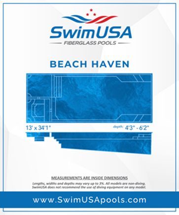 SwimUSA Beach Haven pool layout graphic in blue and white with dimensions and website URL