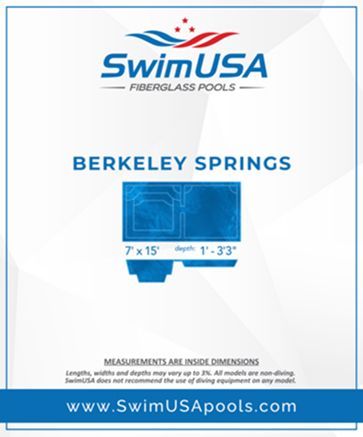SwimUSA Berkeley Springs fiberglass pool, blue rectangular pool with dimensions and website shown