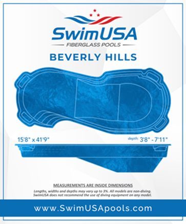 SwimUSA Fiberglass Pools “Beverly Hills” pool diagram in blue, showing dimensions and website URL