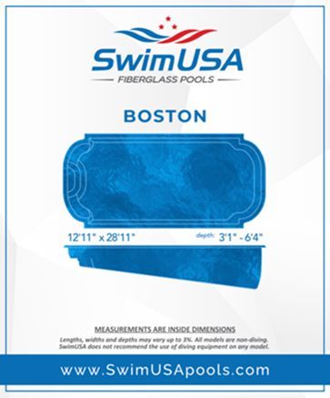 SwimUSA Boston fiberglass pool, blue rectangular design with dimensions shown