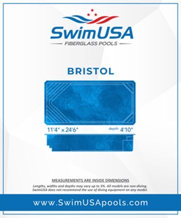 SwimUSA Bristol fiberglass pool with blue rectangular design and dimensions listed