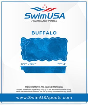 SwimUSA fiberglass pool ad for Buffalo model, blue pool illustration, 122
