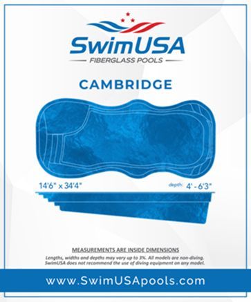 SwimUSA Cambridge fiberglass pool ad with blue pool shell dimensions and website