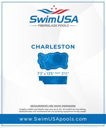 SwimUSA Fiberglass Pools Charleston pool graphic with dimensions and website on white background