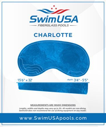 Blue Charlotte fiberglass pool with dimensions and depth range on SwimUSA promo poster