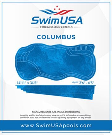 SwimUSA Columbus fiberglass pool shape diagram in blue with dimensions and website URL
