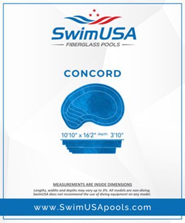 SwimUSA Concord fiberglass pool ad with blue oval pool and dimensions on white background