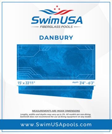 SwimUSA Danbury blue fiberglass pool dimensions poster with website and pool illustration