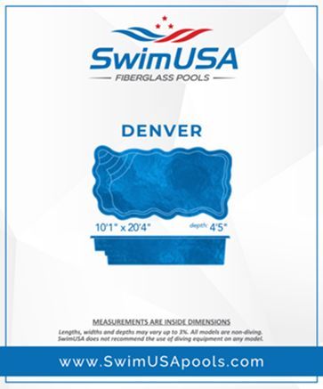 SwimUSA Denver fiberglass pool ad with blue pool illustration and dimensions 10'1
