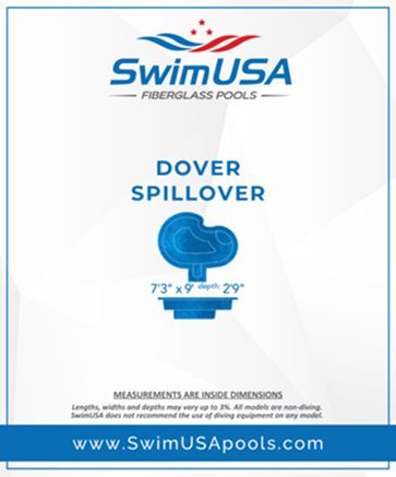 SwimUSA Dover spillover pool illustration with blue dimensions and website URL