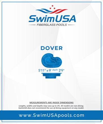 SwimUSA Fiberglass Pools brochure for Dover pool, blue round spa and dimensions listed