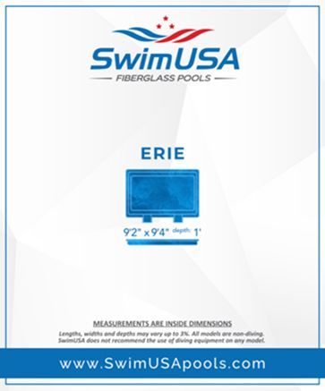 SwimUSA fiberglass pools ad for the Erie model, showing a blue rectangular pool with dimensions and website.