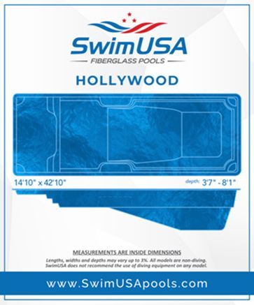SwimUSA Fiberglass Pools “Hollywood” rectangular blue pool design with dimensions shown