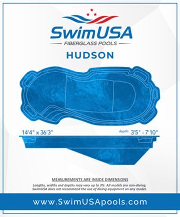 Blue SwimUSA Fiberglass Pools Hudson pool shape with dimensions and website text