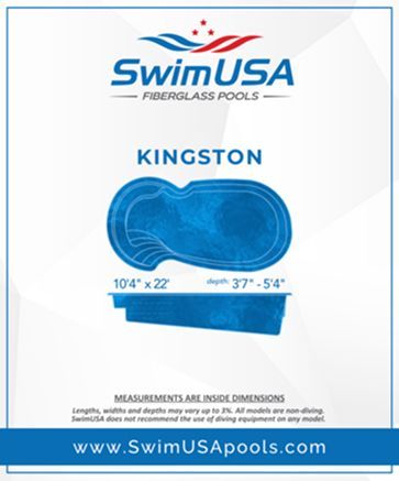 SwimUSA Kingston fiberglass pool kit, blue pool shape with dimensions 104' x 22' and 37'–54' options
