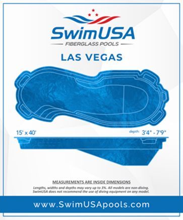 SwimUSA Las Vegas fiberglass pool ad, blue freeform pool, 15’x40’, 34”-79” depth