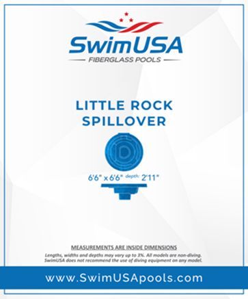 SwimUSA Fiberglass Pools ad for Little Rock Spillover pool, blue and white with website URL