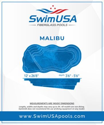 SwimUSA Malibu blue fiberglass pool with dimensions and website shown
