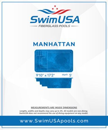 SwimUSA Manhattan blue fiberglass pool listing with dimensions and website URL