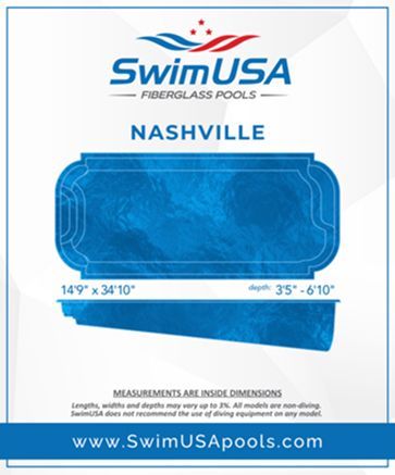 SwimUSA Fiberglass Pools Nashville flyer with blue pool shape and website URL