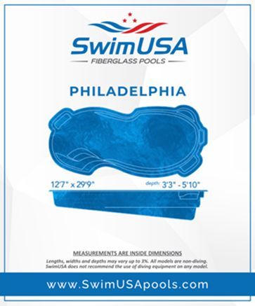 SwimUSA Philadelphia fiberglass pool, blue freeform design, with dimensions listed.