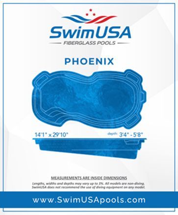 SwimUSA Phoenix fiberglass pool, blue freeform design with dimensions listed