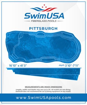 SwimUSA Pittsburgh fiberglass pool shape diagram with blue pool image and dimensions
