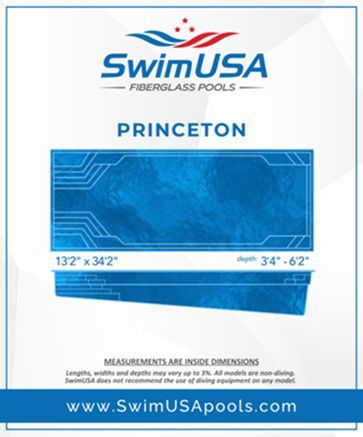 SwimUSA Princeton fiberglass pool with blue water graphic and website at bottom
