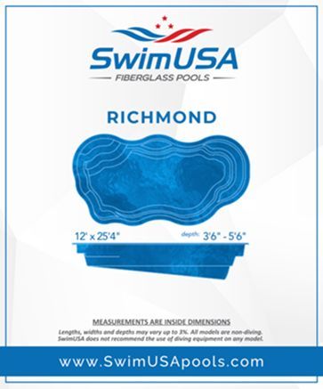 SwimUSA Richmond fiberglass pool brochure showing a blue freeform pool with dimensions