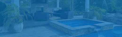 Blue-tinted outdoor patio with lounge chairs, potted plants, and a rectangular pool or hot tub