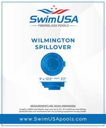 SwimUSA fiberglass pool ad for Wilmington Spilloover with blue circular pool and website URL