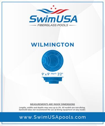 SwimUSA Fiberglass Pools Wilmington brochure with blue round pool illustration and website URL