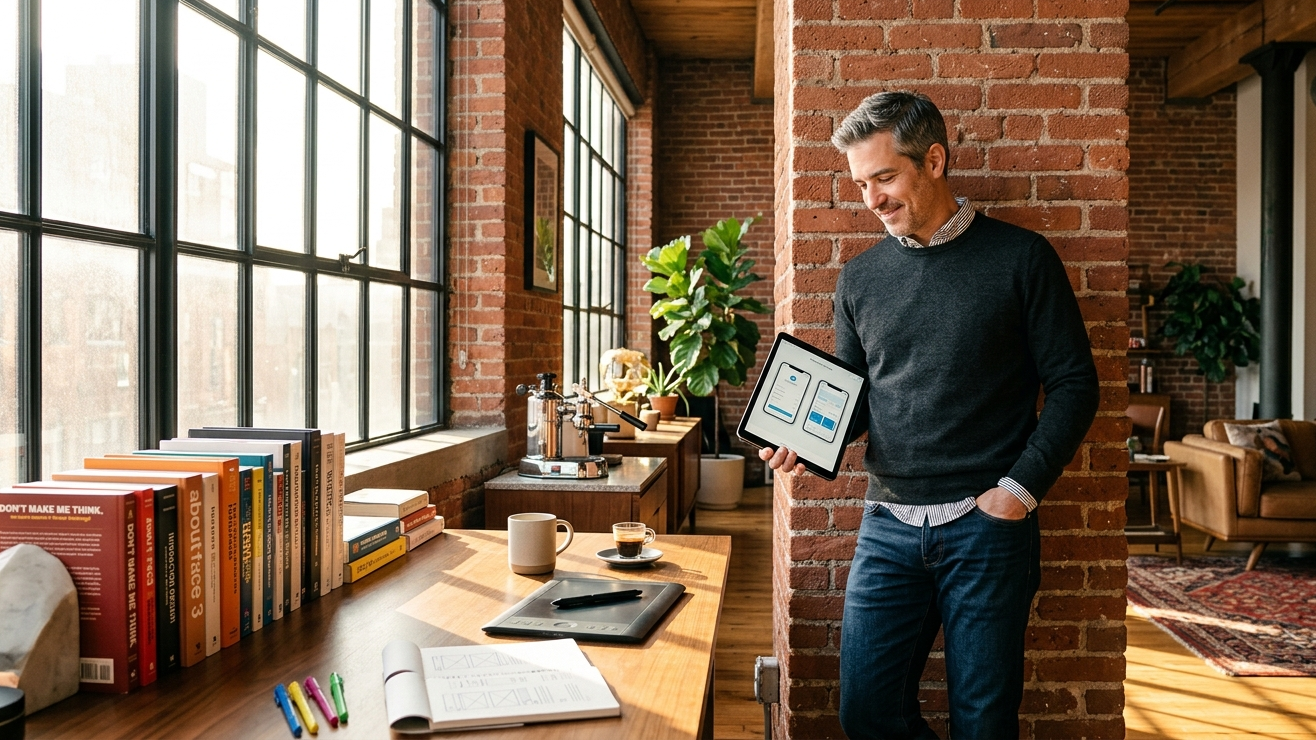 A mobile application designer in their 40s wearing smart-casual layers leans against a large brick pillar inside a sun-drenched industrial loft apartment. Sunlight streams through massive factory-style windows, illuminating a workspace filled with design books, a tablet, and a clean morning espresso setup.