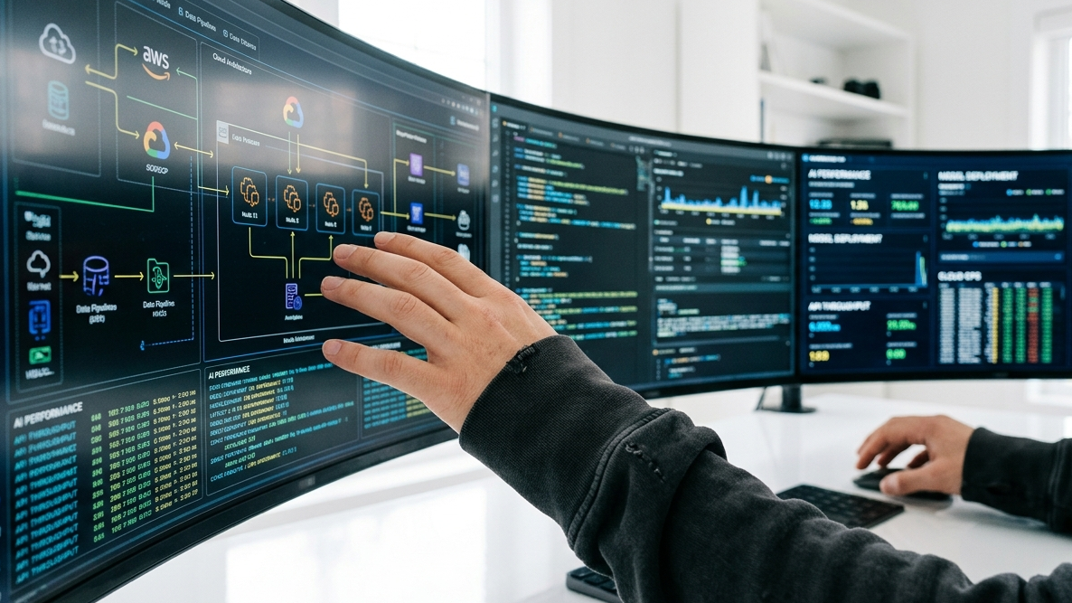 AI agency owner hands at desk with data screens. Virtual office enables remote tech scaling.