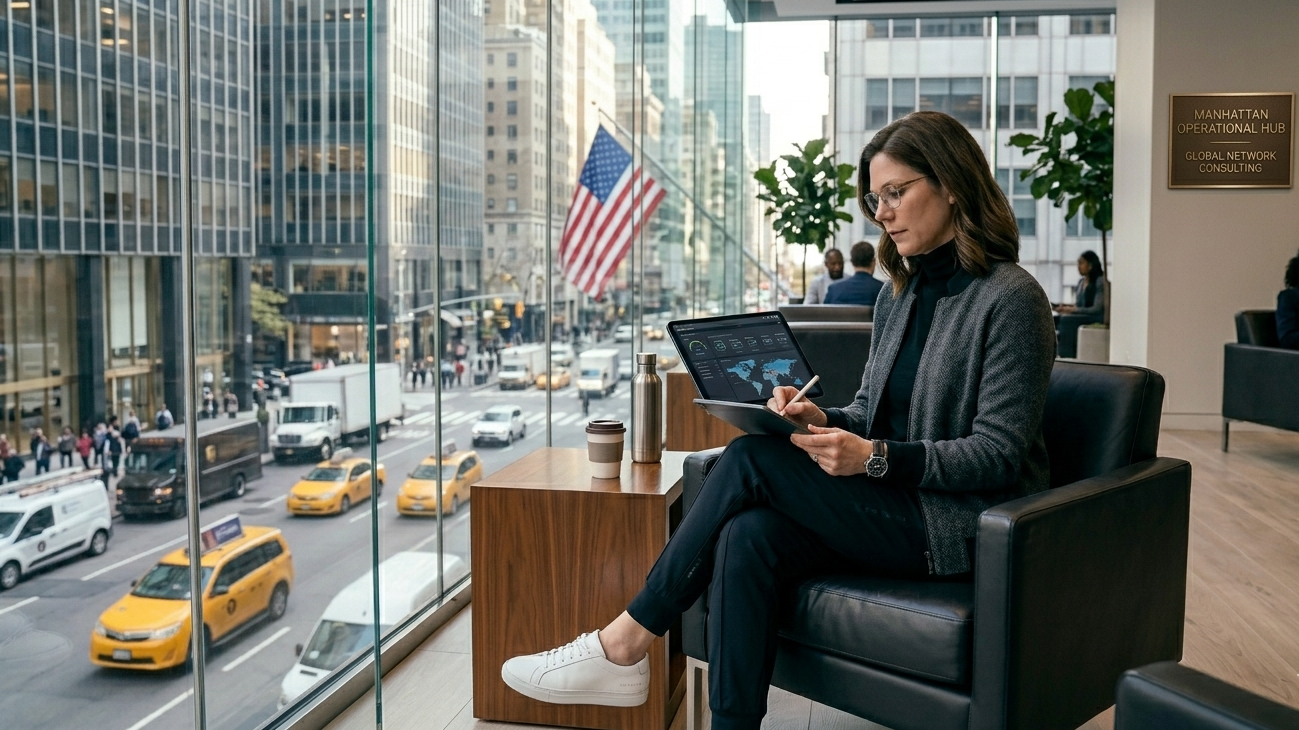 A business consultant utilizing premium athleisure works on a tablet while seated in a bright, modern glass enclosed lounge overlooking a busy downtown thoroughfare, maintaining absolute operational control while traveling.