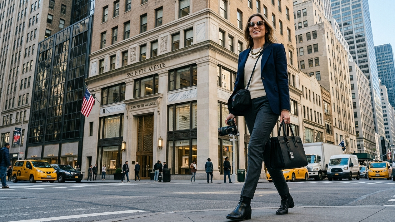 A professional fashion and beauty creator in smart-casual luxury layers walks confidently past the iconic architecture of 598 Fifth Avenue, reflecting the energy of a real New York City business owner.