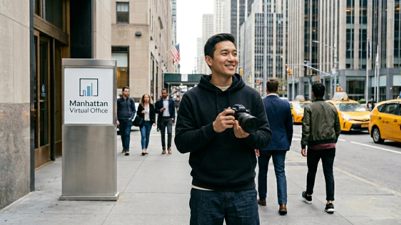 A smiling man of East Asian descent in his 30s standing on a busy Manhattan sidewalk near Rockefeller Center. He is wearing a modern black hoodie and holding a professional mirrorless camera, looking toward the city skyline. In the background, a sleek silver sign displays Manhattan Virtual Office, with yellow taxis and pedestrians moving along the street.