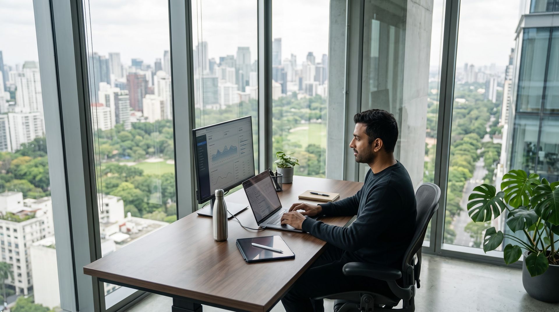 Independent remote entrepreneur working on a laptop at a sunlit virtual office desk.
