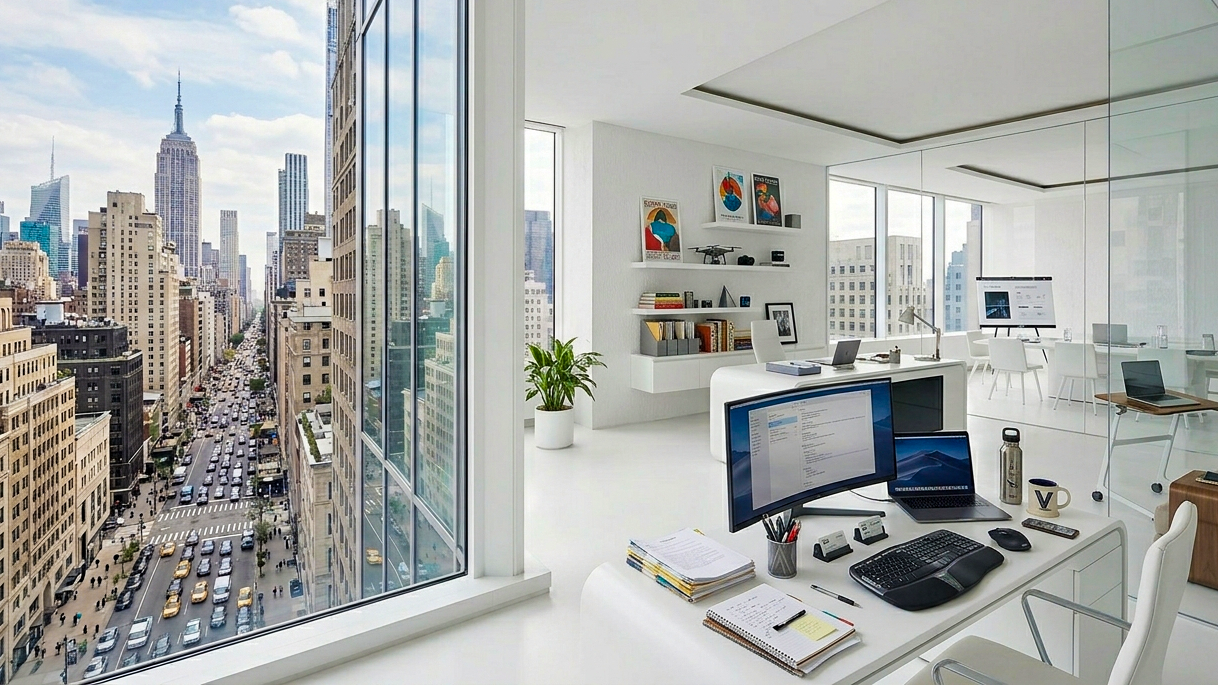 A high-floor, all-white office interior with minimalist furniture and a sweeping view southbound skyline view of Fifth Avenue from Manhattan Virtual Office™.