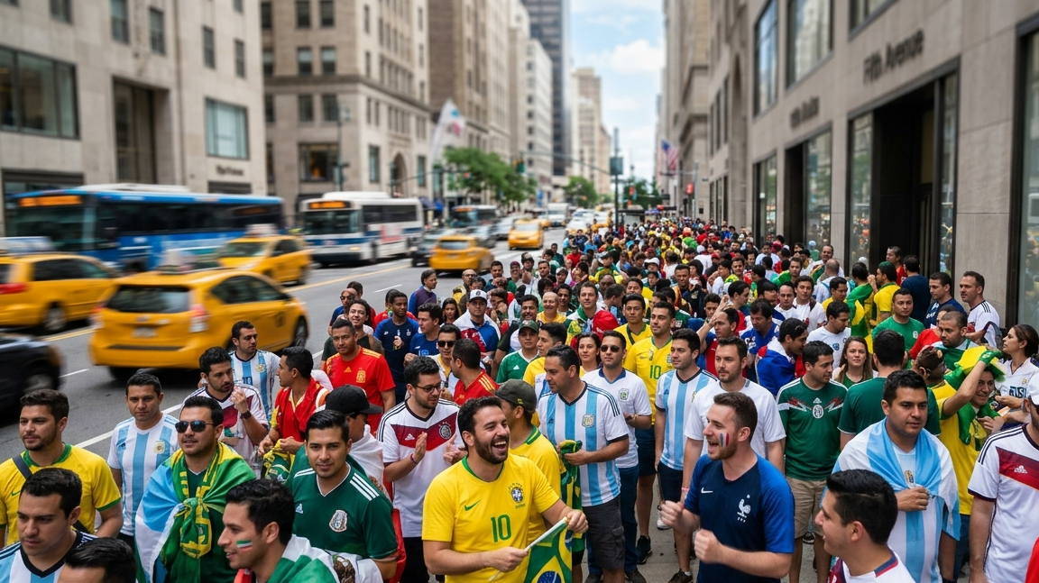 A crowded sidewalk on Fifth Avenue packed with a dense, diverse group of soccer fans wearing vibrant
