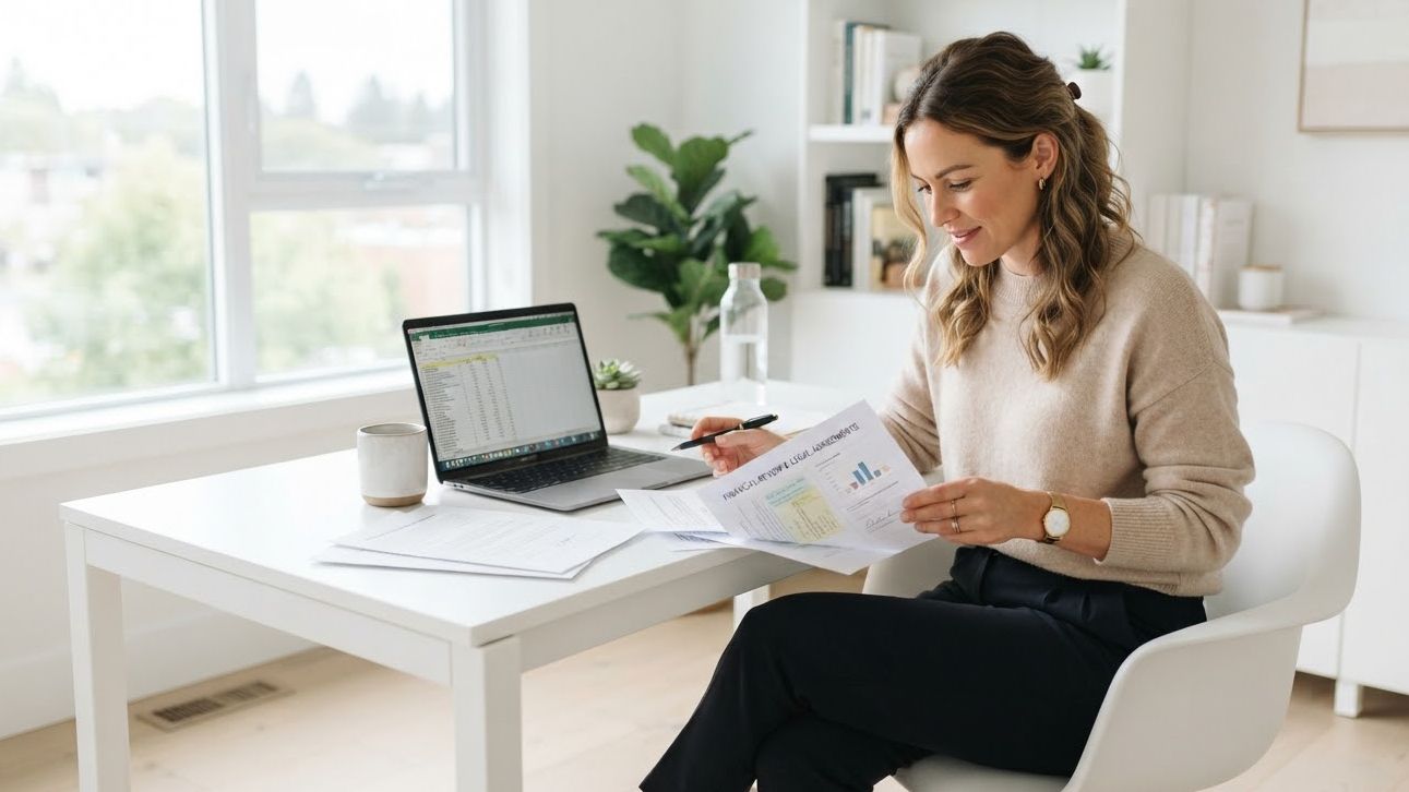 Diverse entrepreneur in modern attire reviewing legal docs in a bright, minimalist white office.